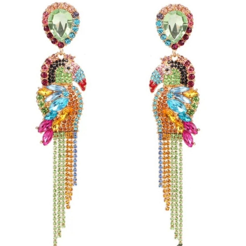 Parrot Rhinestone Statement Earrings Multi-color - Picture 6 of 10
